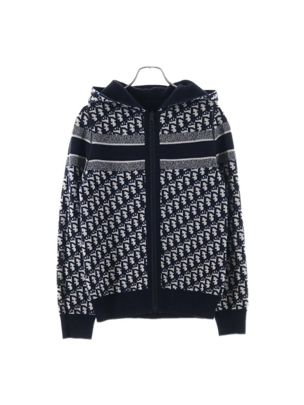 Dior Oblique Technical Reversible Zip Up Knit Hoodie Navy